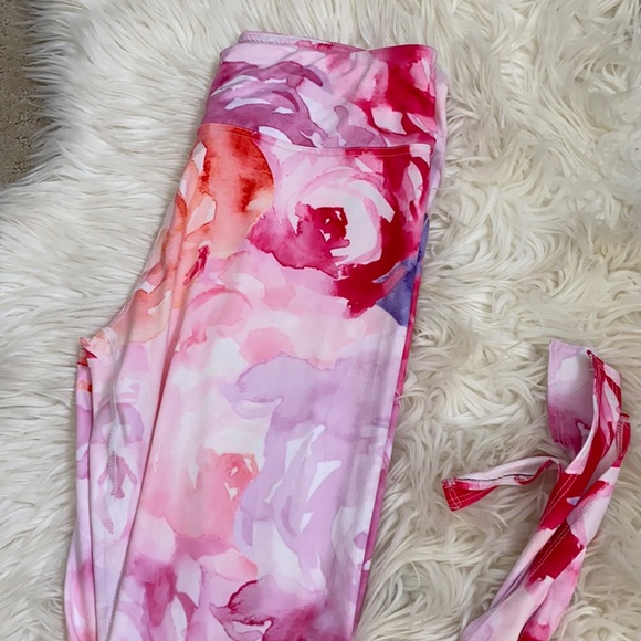 Bright Pink and Purple Yoga Floral Wrap Leg Active Leggings - Picture 3 of 6